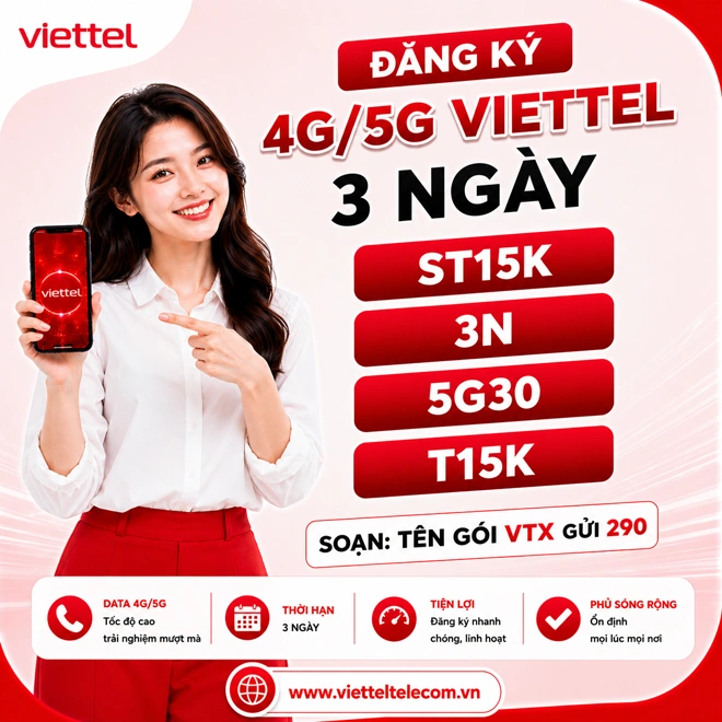 Cách Đăng Ký Gói Cước 4G Viettel 3 Ngày 15K - ST15K, 3N, 5G30, 5GMAX40 - Hướng dẫn SMS VTX 290 2026