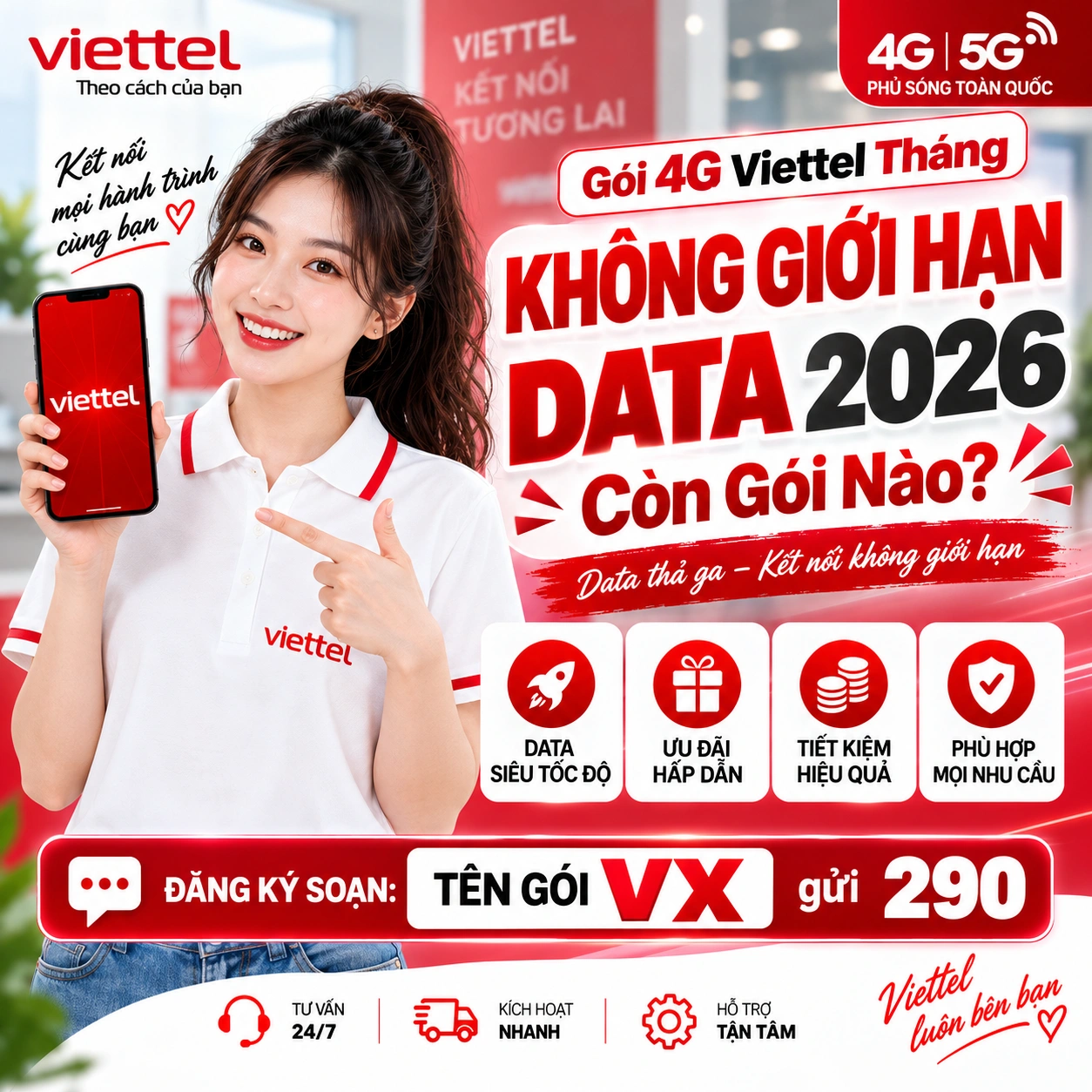 Gói 4G Viettel tháng không giới hạn Data 2026
