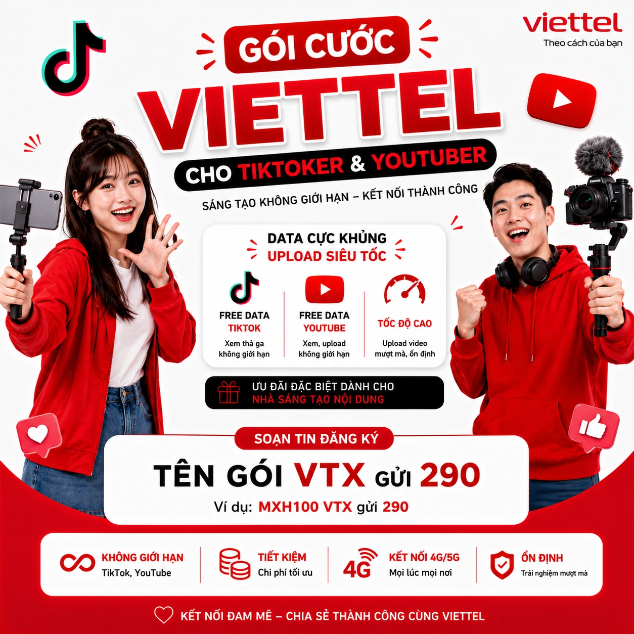 Gói cước Viettel cho TikToker, YouTuber, Streamer 2026 - MXH120, 5G135N, 5G150N
