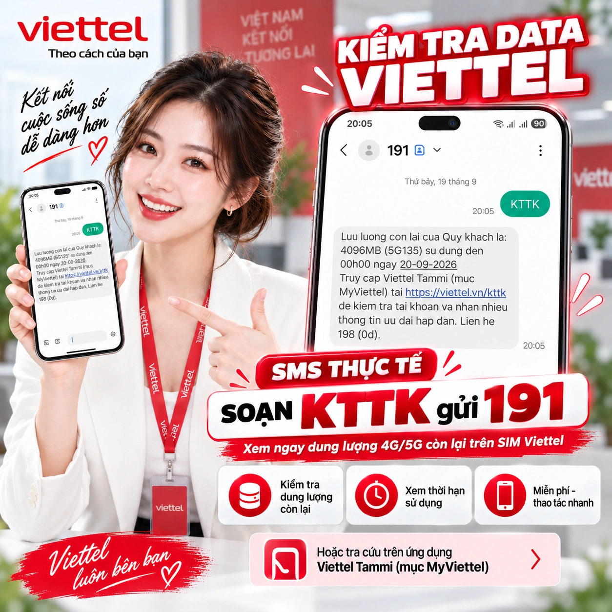 SMS KTTK gửi 191: còn 1024MB gói MXH120 và hướng dẫn kiểm tra trên Viettel Tammi