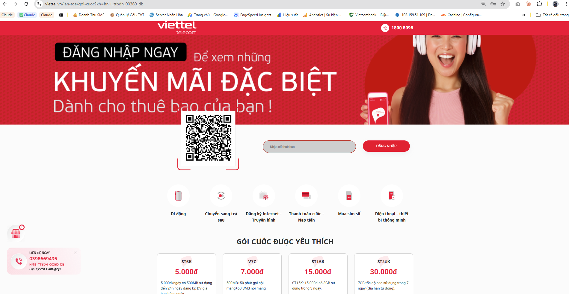 Bước 1: nhập số thuê bao Viettel và nhấn Đăng nhập trên trang gói cước