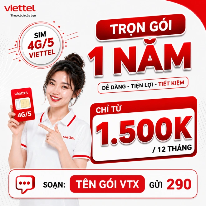 SIM 4G/5G Viettel trọn gói 1 năm 5GB/ngày — bảng giá gói 12SD125 (1.5tr/năm) + 12T5G125 (sim 5G 500GB/tháng) + 12SD125T (sim mạng 10GB/ngày tỉnh)