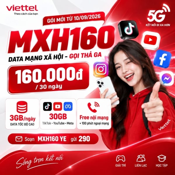 MXH160 Viettel - 160K Có 3GB/Ngày + Free Thoại + Data MXH