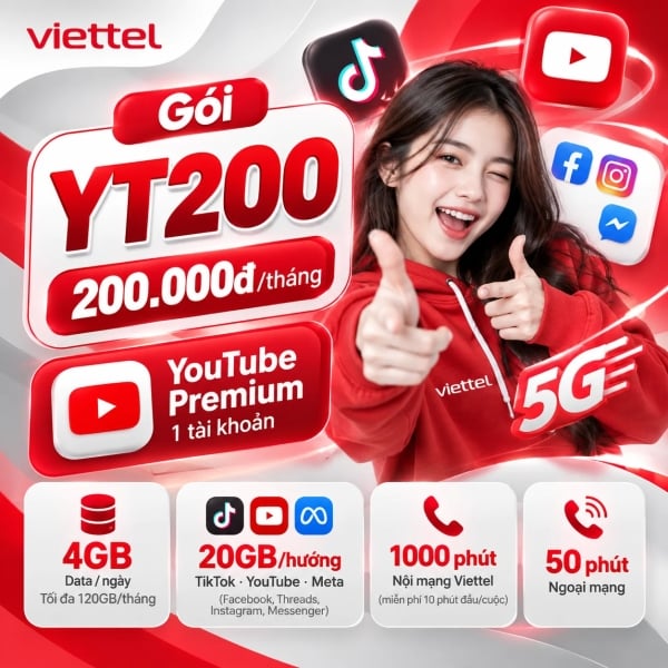 YT200 Viettel – 4GB/Ngày + YouTube Premium + Data MXH