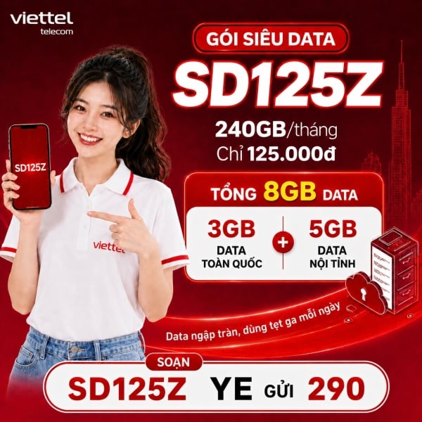 Gói SD125Z Viettel – 8GB/Ngày, 240GB/Tháng Chỉ 125K