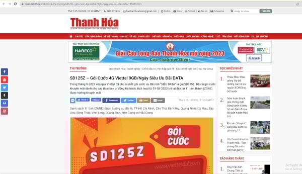Báo Thanh Hóa đăng bài viết về gói cước SD125Z tại Viettel DATA