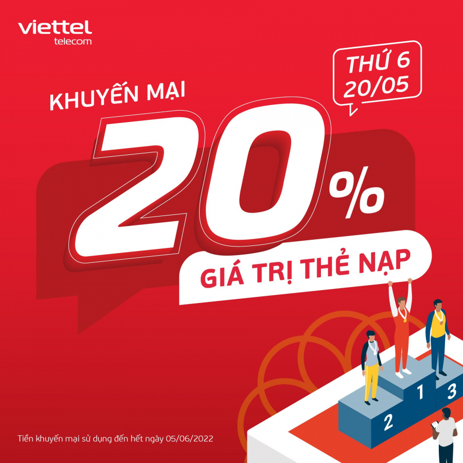 Viettel Khuyến Mãi 20% thẻ nạp Thứ 6 ngày 20-05-2022