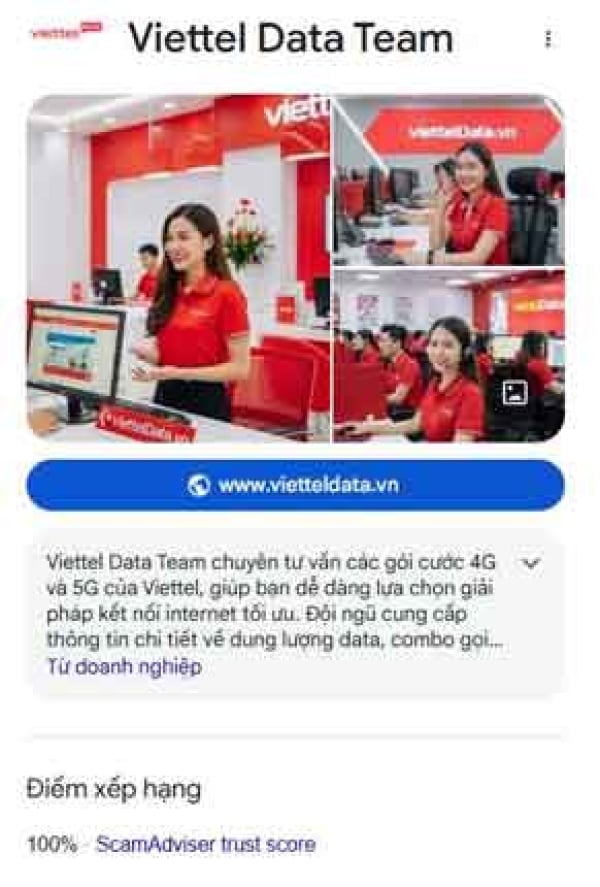 ViettelData Đạt 100% Điểm Tín Nhiệm Từ Google &amp; ScamAdviser