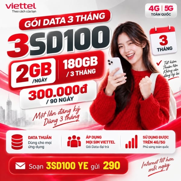 Gói 3SD100 Viettel – 300K/90 Ngày Có 2GB/Ngày