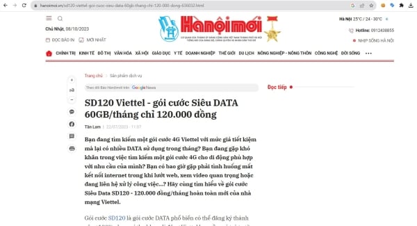 Báo Hà Nội Mới đưa tin về gói SD120 khi đăng ký tại Viettel DATA