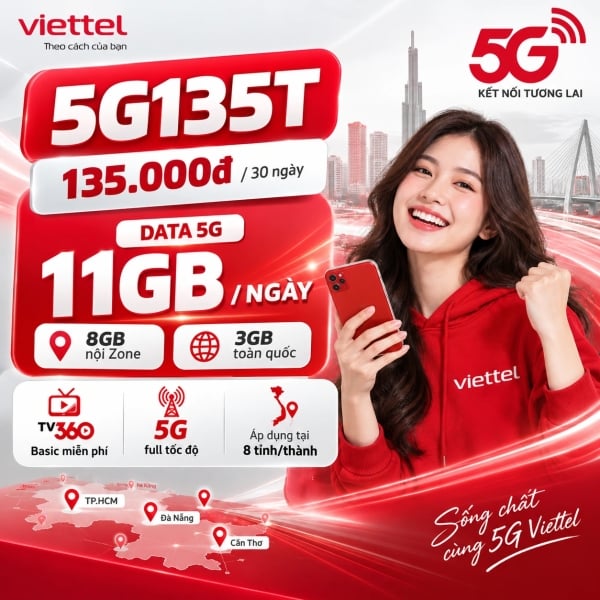 5G135T Viettel - 135K Có 11GB/Ngày, 330GB/Tháng