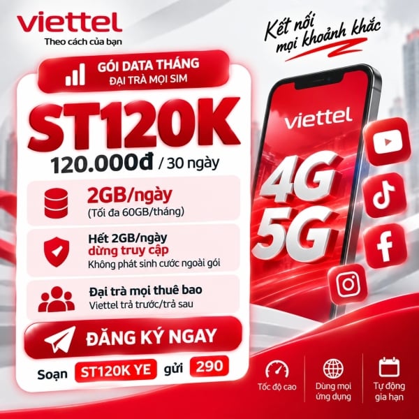 ST120K Viettel - Gói 120K Có 2GB/Ngày, 60GB/Tháng