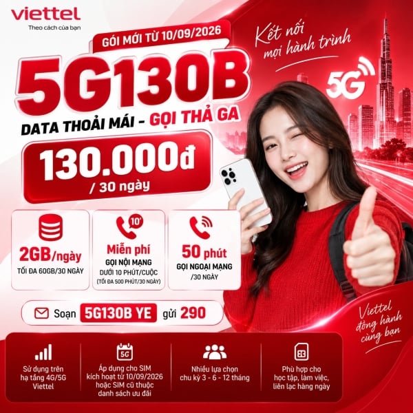 Gói 5G130B Viettel – 130K Có 2GB/Ngày, Free Nội Mạng + 50 Phút Ngoại Mạng
