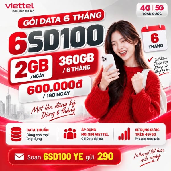 Gói 6SD100 Viettel – 600K/180 Ngày Có 2GB/Ngày