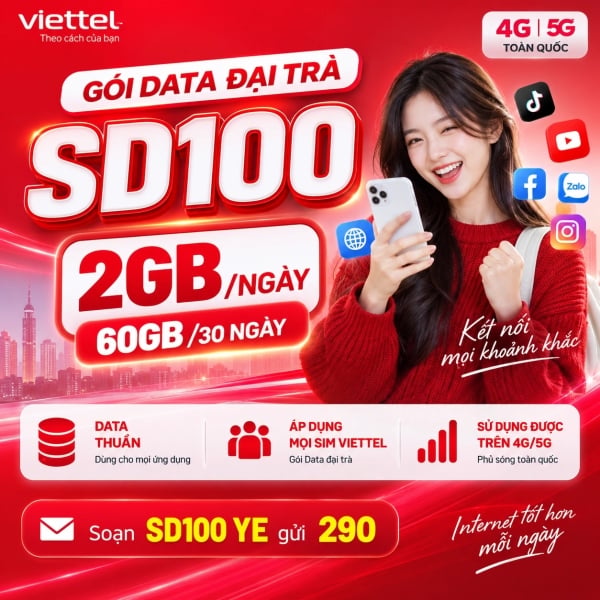 SD100 – Gói Cước Viettel 100K Có 2GB/Ngày, Đại Trà Mọi SIM