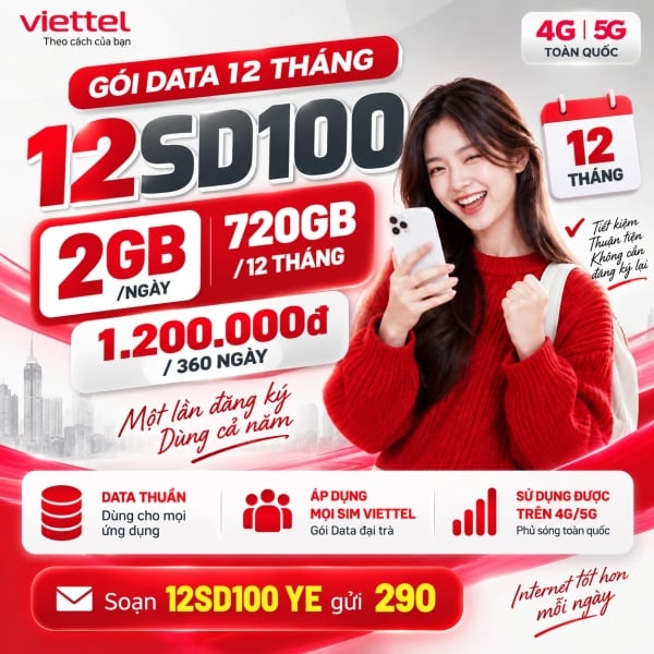 Gói 12SD100 Viettel – 1,2 Triệu/360 Ngày Có 2GB/Ngày