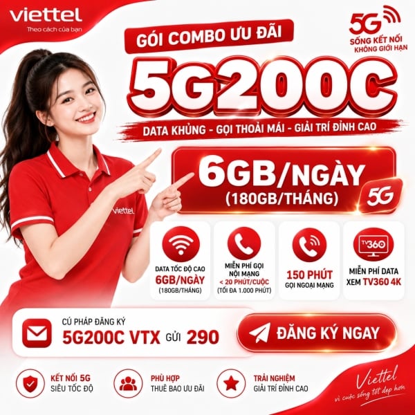 Gói 5G200C Viettel – 6GB/Ngày +  Free Nội Mạng Kèm 150 Phút Ngoại Mạng