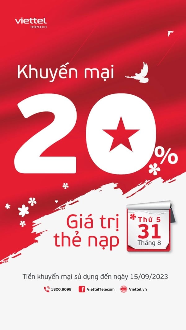 Viettel khuyến mại 20% nạp thẻ trên KÊNH SỐ ngày 31.08.2023