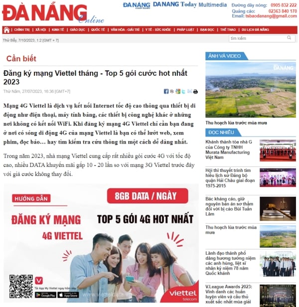 Báo Đà Nẵng đăng bài về dịch vụ đăng ký mạng Viettel tại https://www.vietteldata.vn/